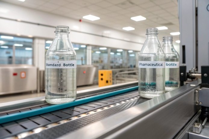 Conveyor line with clear glass bottles labeled “Standard Bottle” and “Pharmaceutical bottle,” implying a comparison of container-glass quality/chemistry requirements for pharma vs standard packaging.