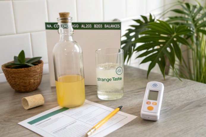 Sensory/quality check setup: a clear bottle with yellow liquid, a glass labeled “Strange Taste,” a handheld meter, and a worksheet—suggesting off-taste investigation linked to glass chemistry/leachables.