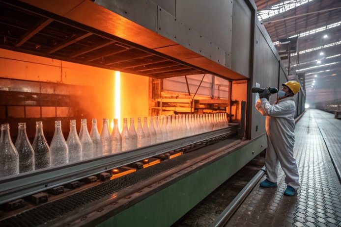Hot-end/lehr line in a glass plant: a row of clear bottles moving past a bright orange furnace opening while a worker in PPE photographs/inspects them from the side.