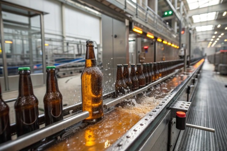 Beer glass bottles moving on automated filling line in factory with water spray