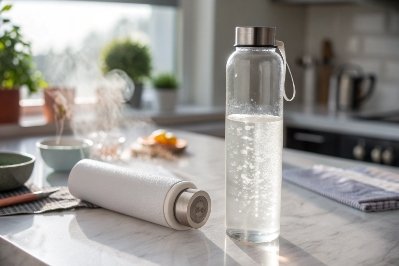 Clear glass water bottle on kitchen counter beside white reusable bottle