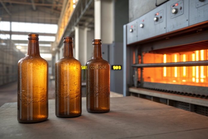 Amber glass bottles near furnace lehr in safe corridor of glass plant