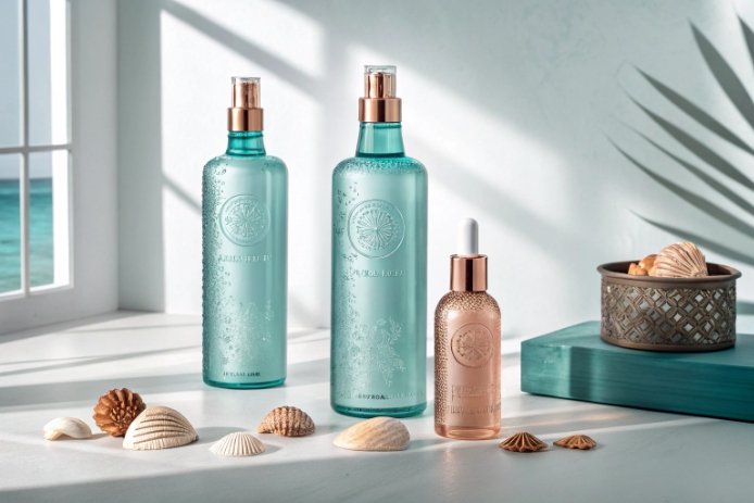 Turquoise cosmetic spray bottles and rose gold dropper bottle styled with seashells