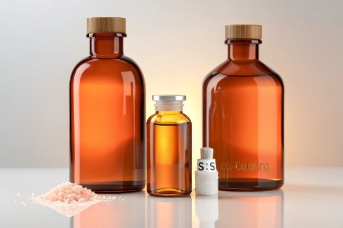 Amber glass packaging bottles with colorant samples for pharmaceutical glass tinting