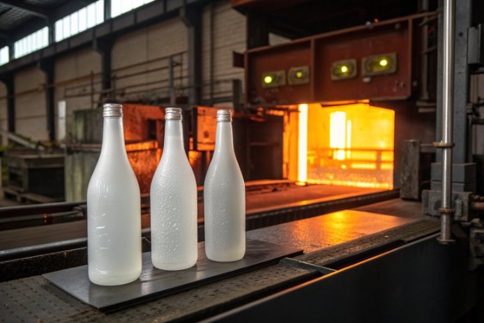 Frosted flint glass bottles cooling on conveyor beside hot lehr furnace