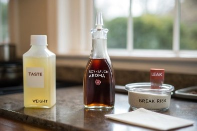 Glass soy sauce bottle beside test samples for taste, weight, leak and break risk