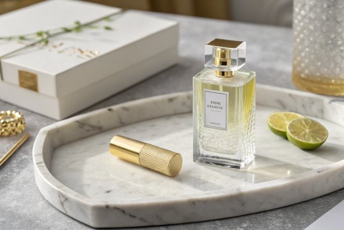 Luxury glass perfume bottle on marble tray with gold cap, lime accent.