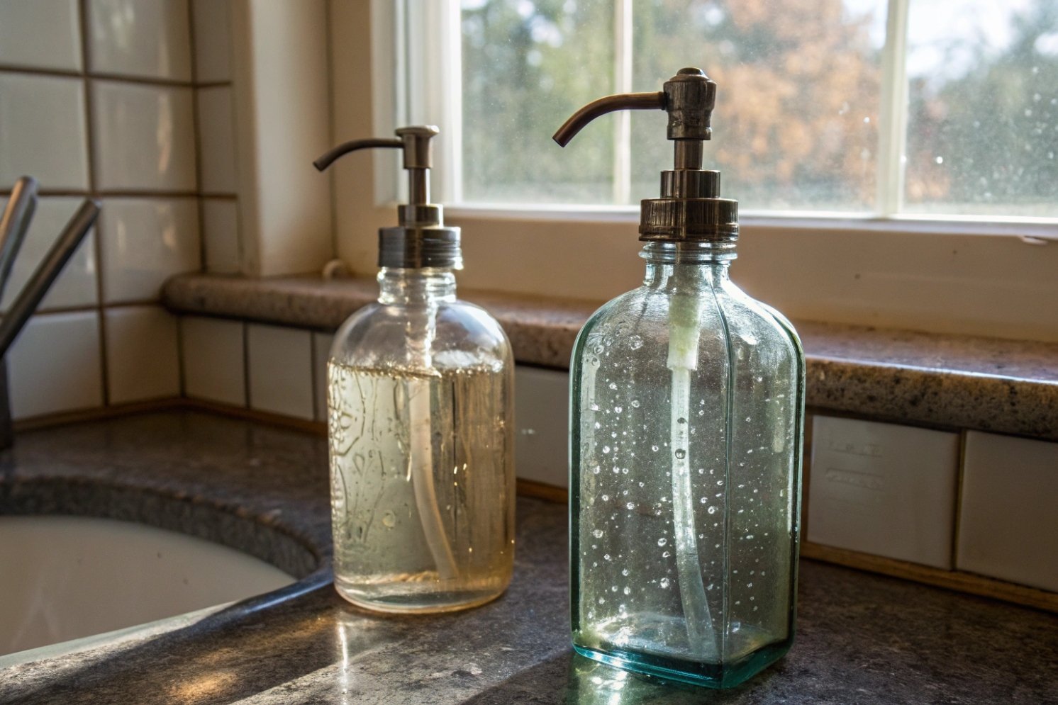 two refillable glass soap dispenser bottles on kitchen counter near bright window