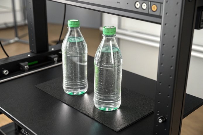 Two clear PET bottles on inspection platform with green caps in lab setup.
