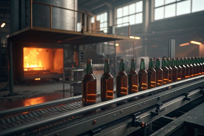 Amber glass bottles on conveyor near furnace in container glass factory