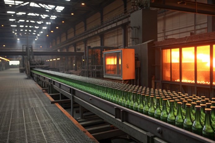 Green glass bottles on conveyor beside lehr and furnace in factory