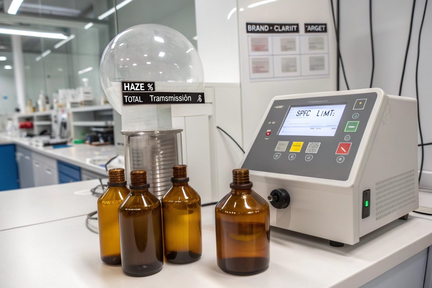 Laboratory haze and total transmission tester with amber bottles and specification limit display