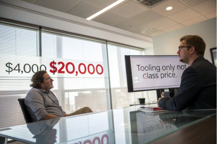 Two businessmen reviewing tooling cost options for custom glass bottle molds