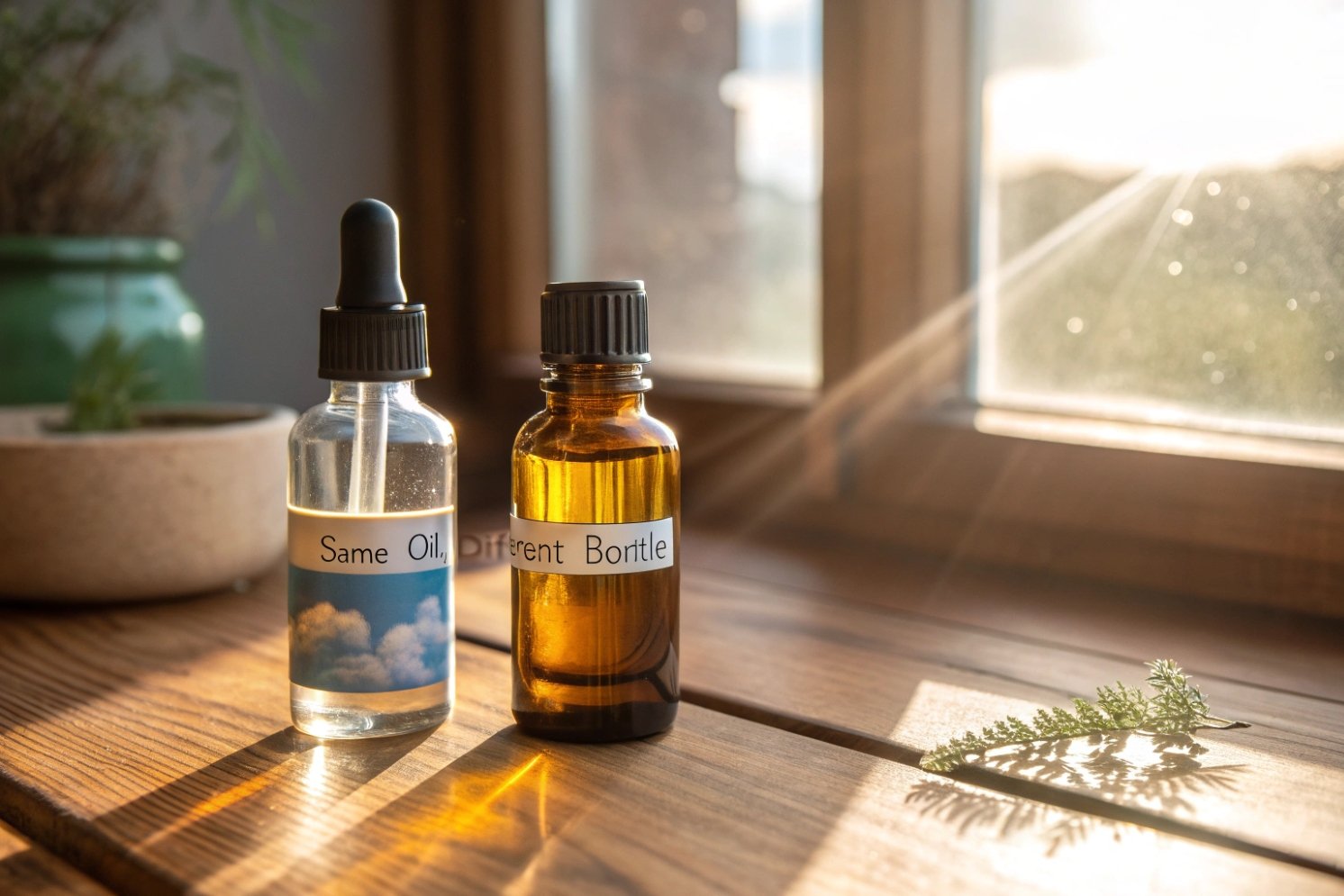clear and amber essential oil dropper bottles on wooden table by sunny window light