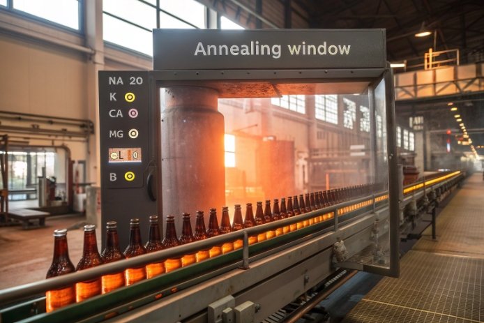 Glass bottles moving through annealing lehr under temperature control window