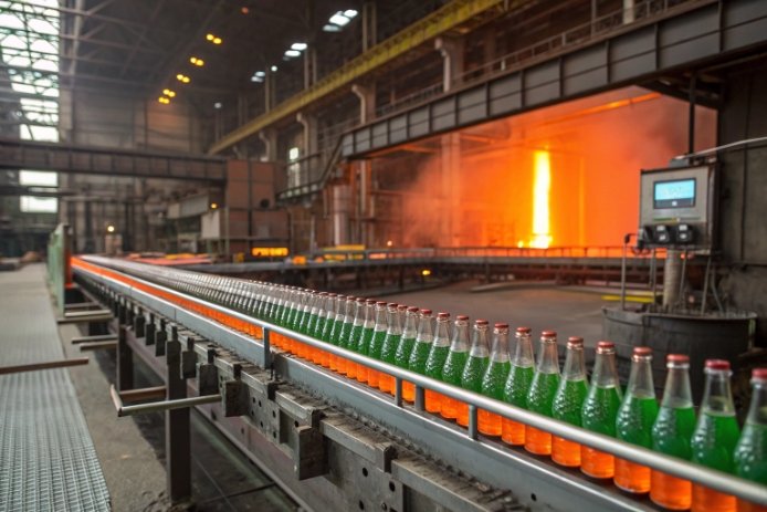 Green glass bottles on hot conveyor exiting furnace during beverage bottle manufacturing