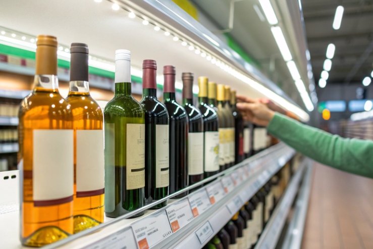 Customer choosing wine bottle from supermarket shelf with assorted glass bottles