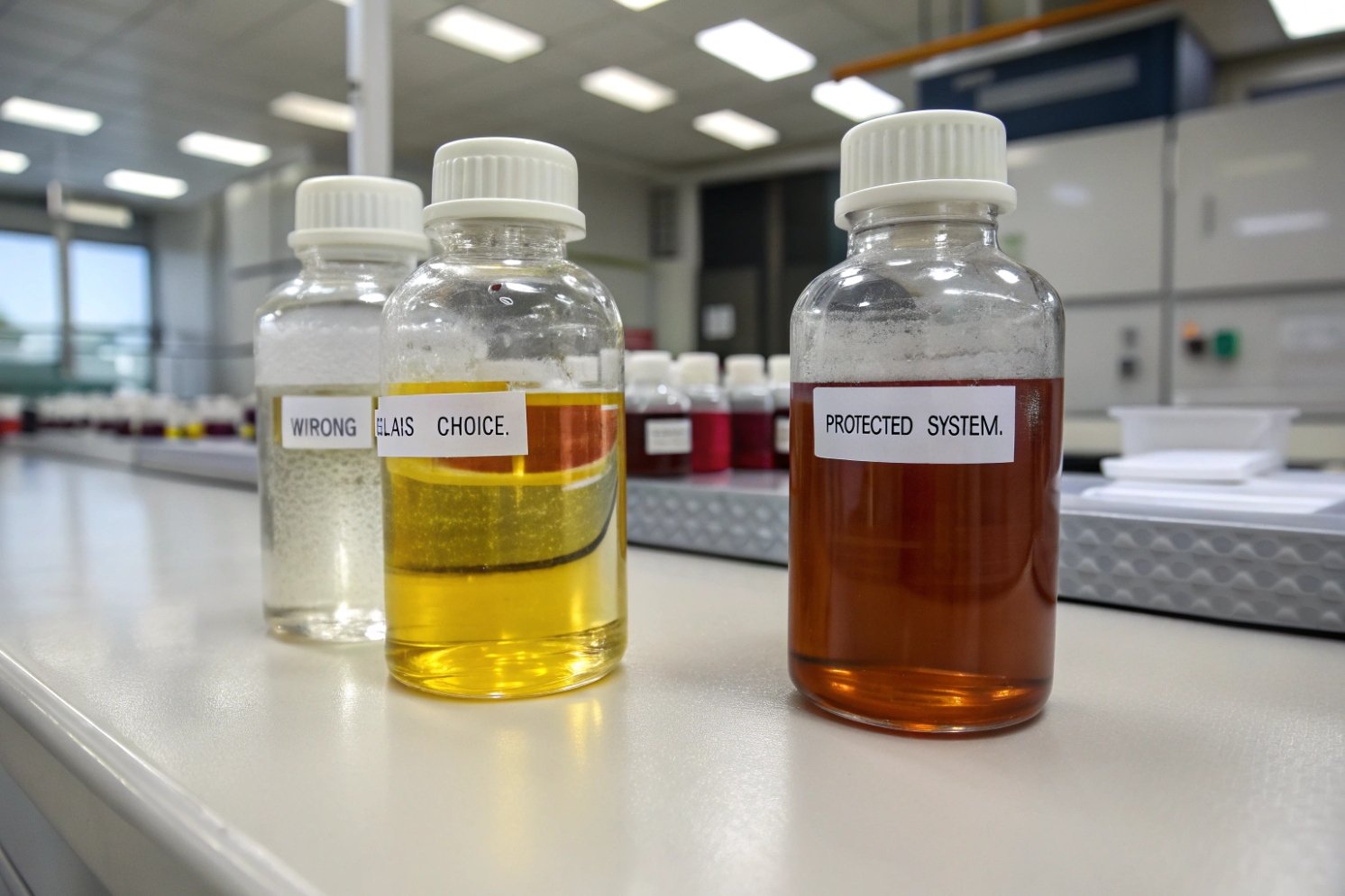 three lab sample bottles showing wrong glass choice vs protected system results