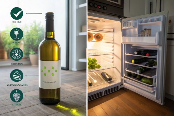 Eco-friendly wine bottle beside open fridge showing proper wine storage
