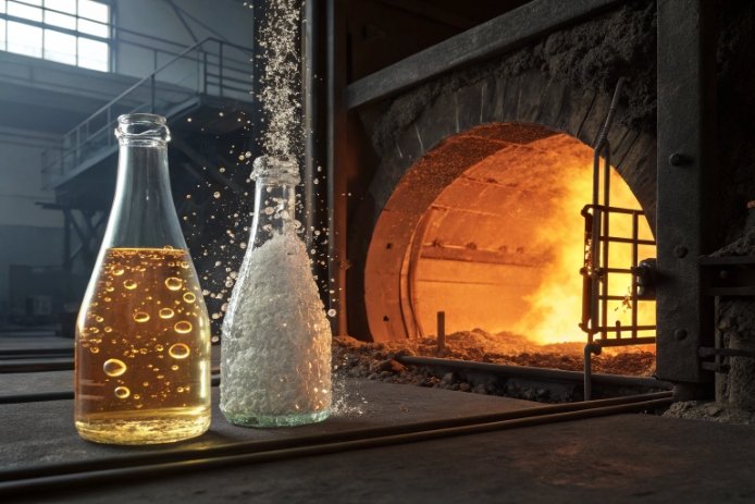 Amber melt and cullet samples beside furnace, illustrating glass fining and bubble removal