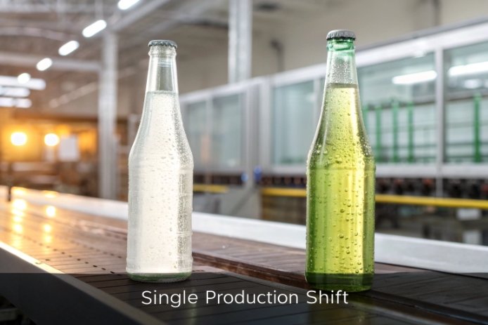 Clear and green glass bottles on conveyor in beverage bottling factory