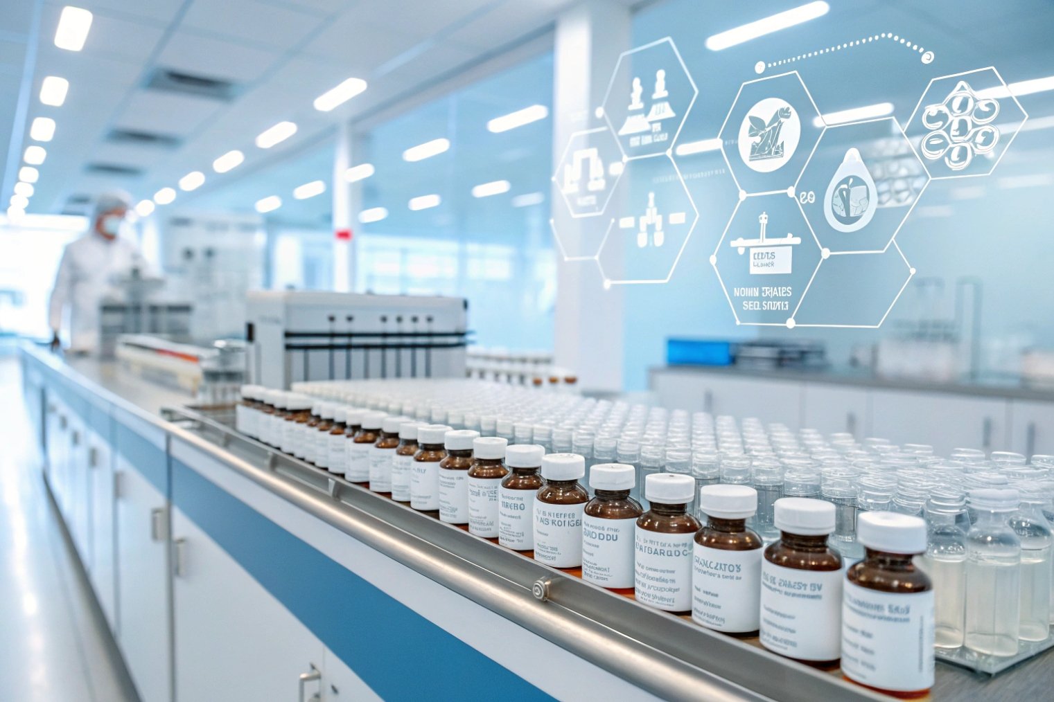 Pharmaceutical amber glass vials on automated filling line in cleanroom laboratory