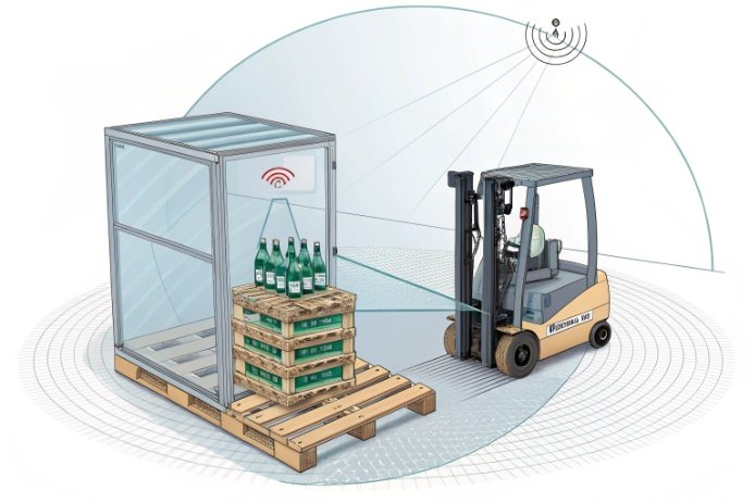 Forklift moving pallet of glass bottles through RFID-enabled shipping crate for logistics tracking.
