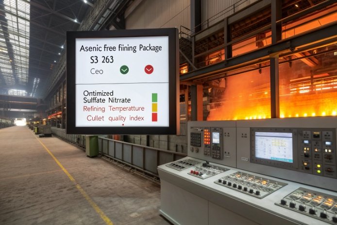 Glass furnace control room showing arsenic-free fining package dashboard and process controls