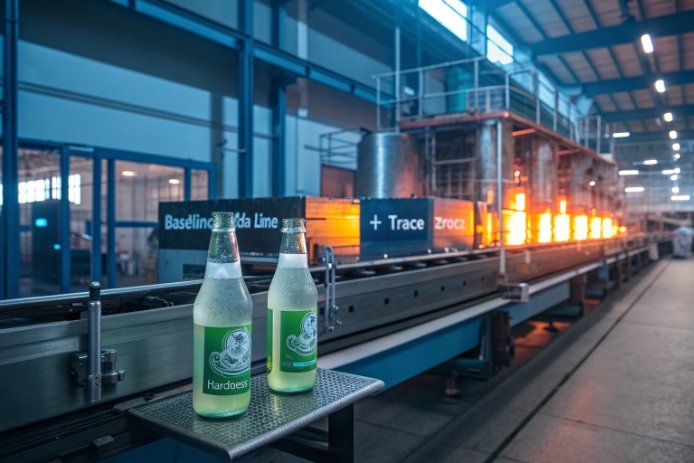Two glass bottles beside furnace line showing baseline soda-lime with trace zirconia additive.