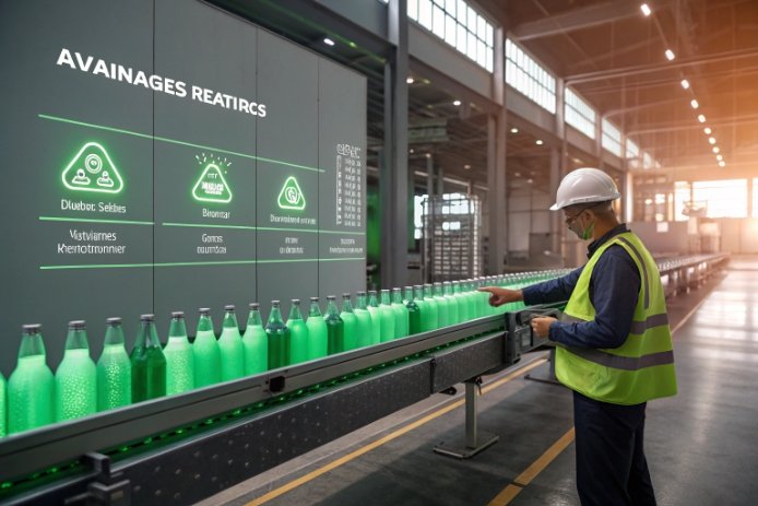 Inspector checking green glass bottles with performance metrics display in factory