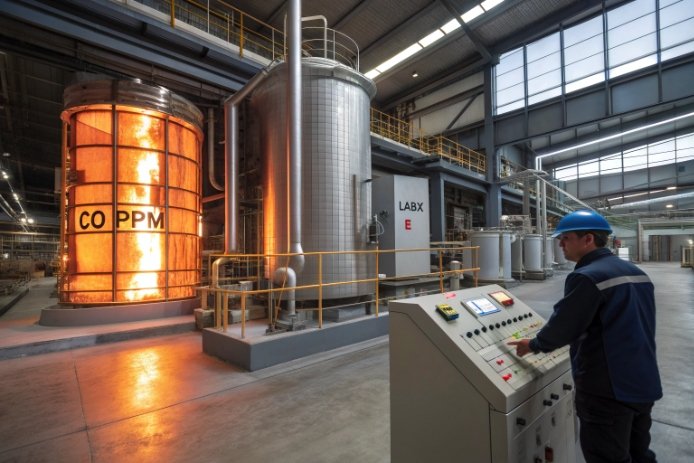Operator monitoring glass furnace CO ppm in industrial container glass plant