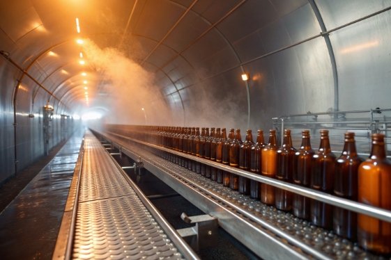 Amber glass bottles moving through steam tunnel pasteurizer on industrial conveyor