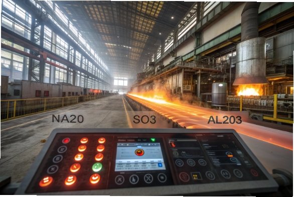 Glass furnace line with molten glass and control panel for bottle production.