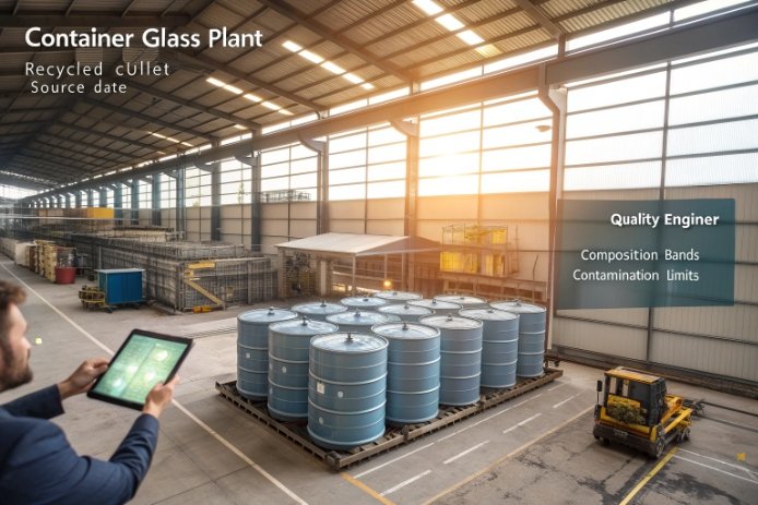 Container glass plant warehouse with recycled cullet drums and quality engineer monitoring tablet