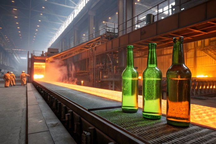 Green glass bottles cooling beside hot-end furnace line in container glass factory