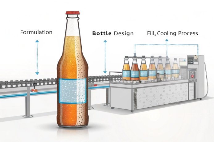 Beer bottle production diagram showing formulation, bottle design, and fill cooling process line.