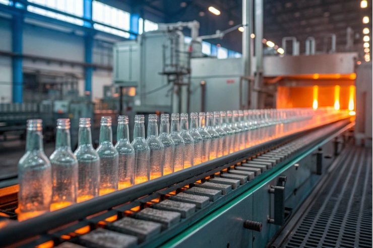 Clear glass bottles on conveyor exiting annealing lehr in production line