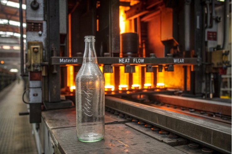 Clear glass bottle in front of industrial furnace showing heat flow zones