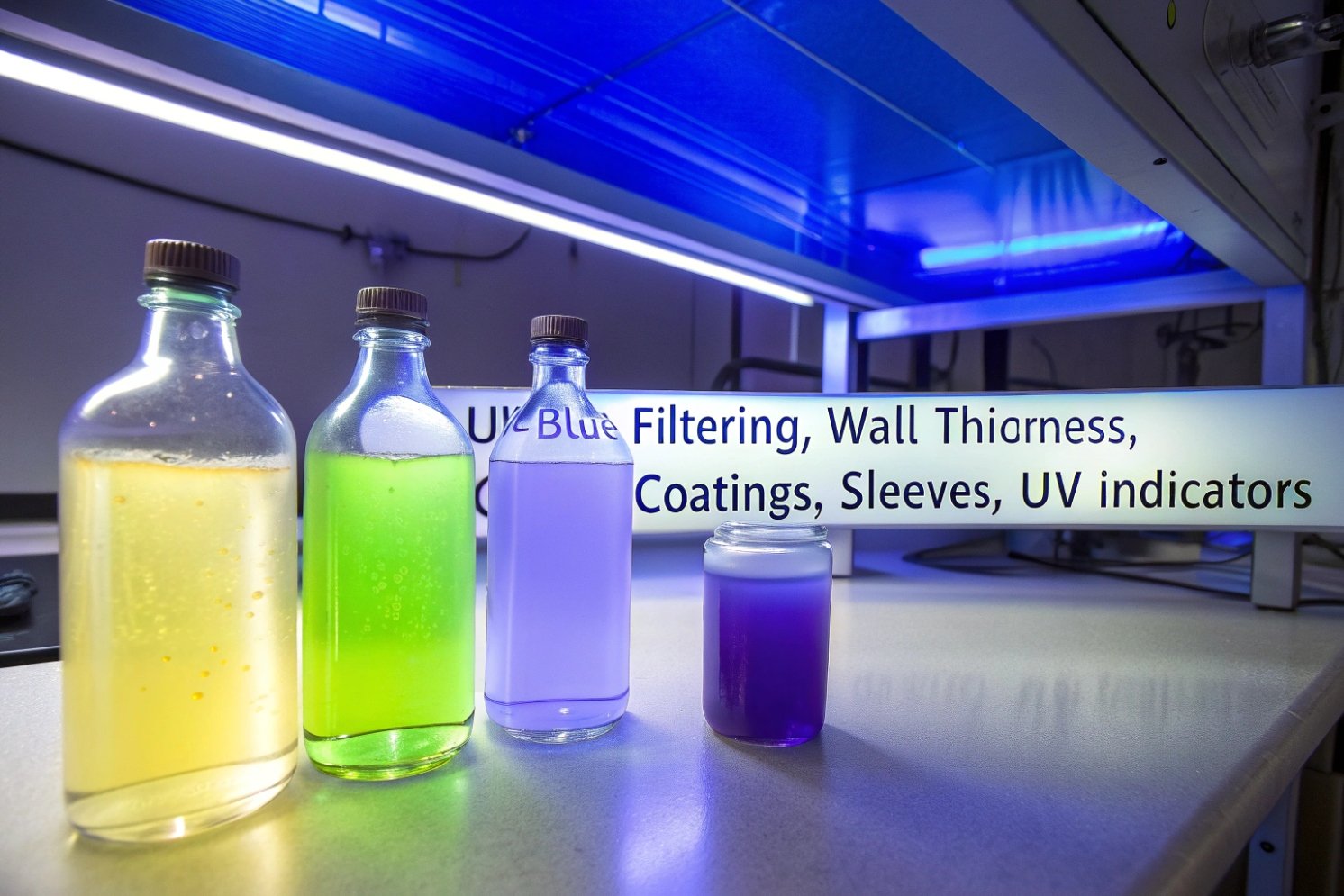 Colored liquids in clear glass bottles under UV light demonstrating filters and UV indicators