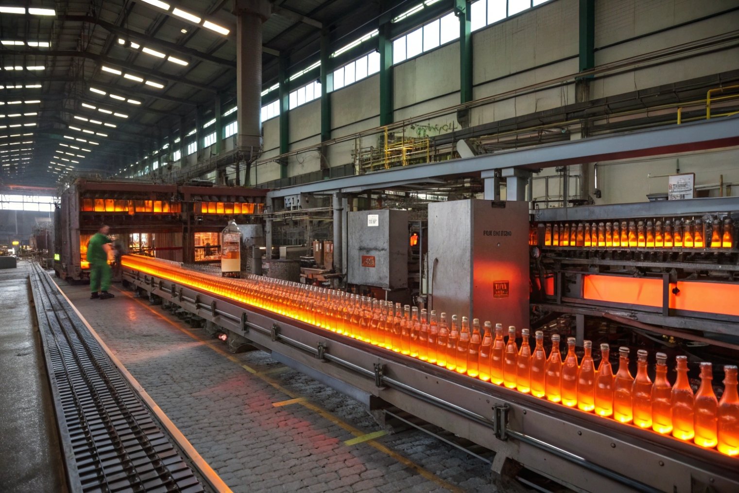 Hot glass beverage bottles exiting furnace on long conveyor in industrial factory
