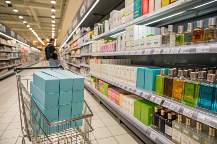 Shopping cart with turquoise gift boxes beside perfume glass bottles aisle