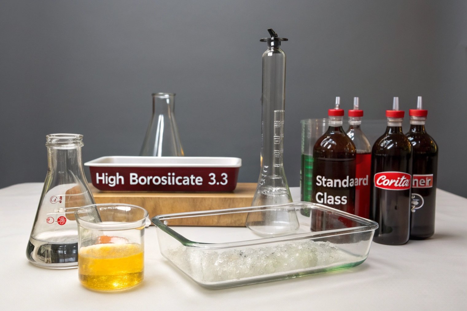 Laboratory comparison setup of high borosilicate 3.3 glass and standard glass bottles