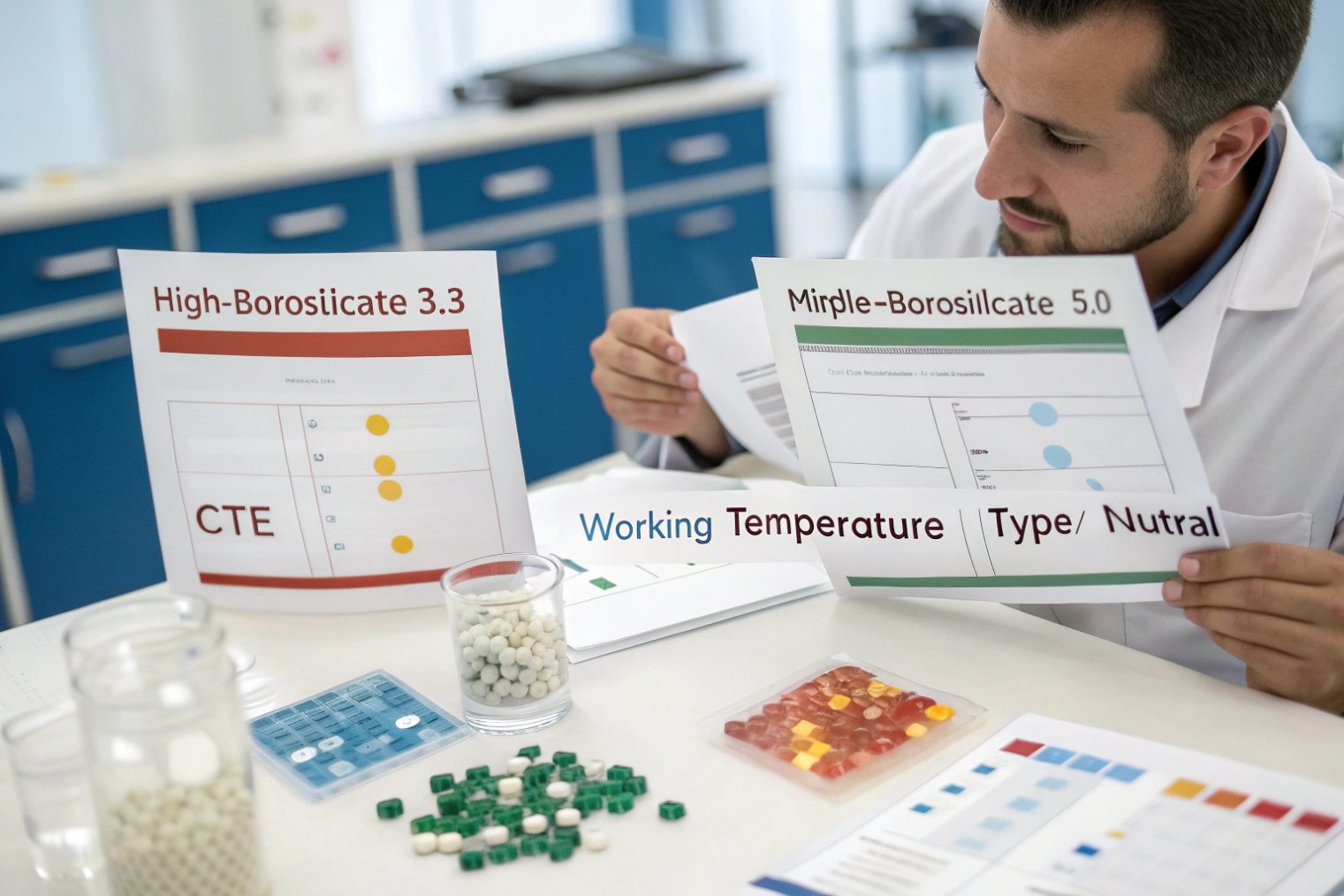 FuSenglass lab technician comparing high borosilicate 3.3 and 5.0 glass performance charts
