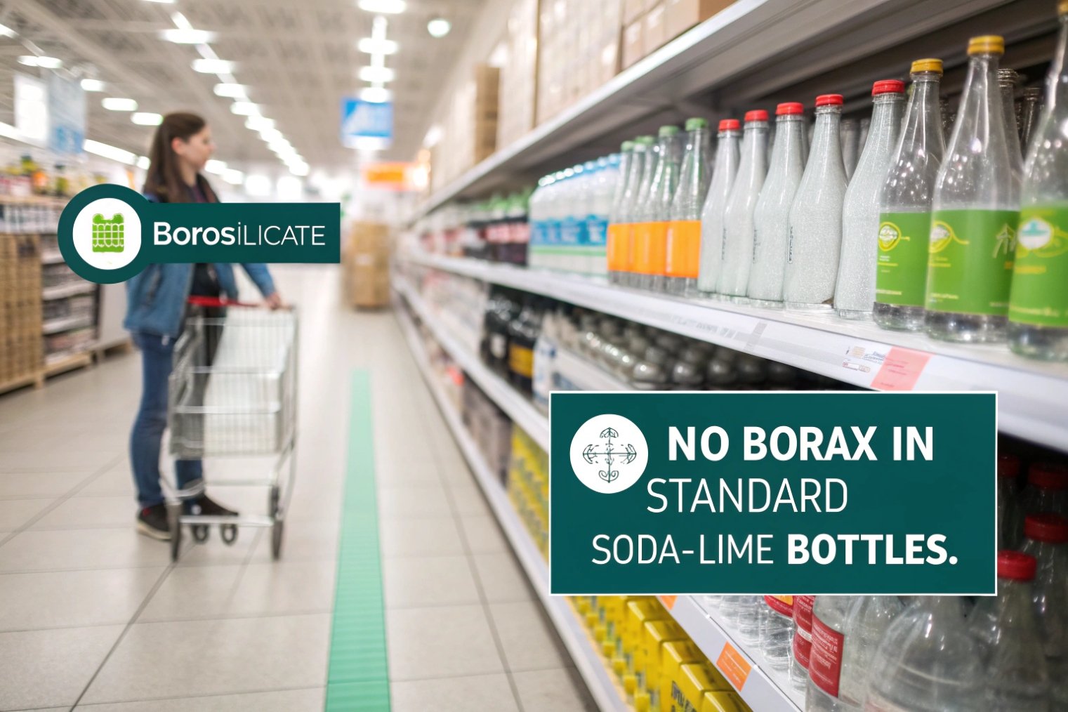 Supermarket shopper choosing soda-lime glass beverage bottles with borosilicate no-borax safety message