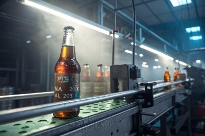 Amber beer bottle on conveyor line inside automated glass bottling factory