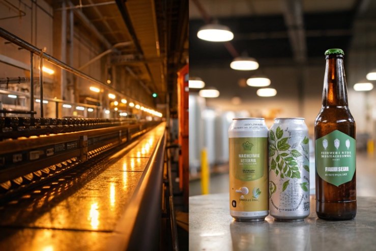 Brewery conveyor line and packaged beer cans with amber glass bottle on table.