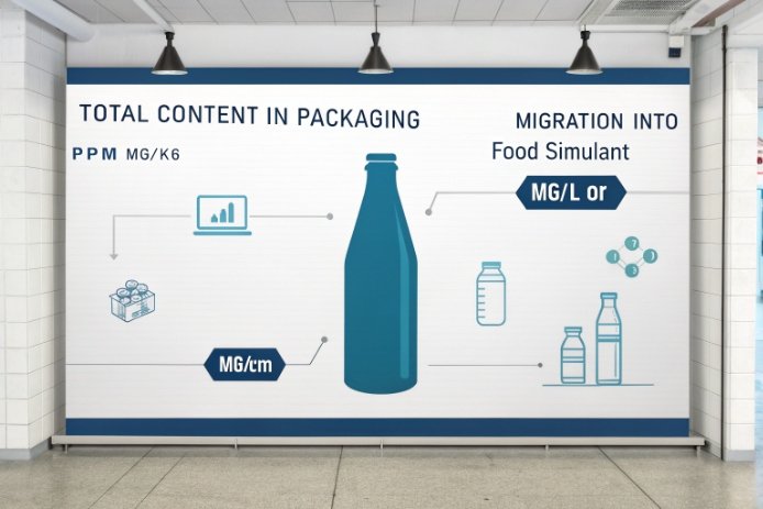 Packaging compliance infographic showing total content and migration into food simulant for glass bottles