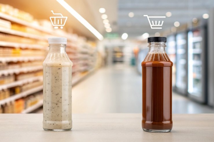 Two glass sauce bottles on grocery counter, illustrating retail-ready packaging.