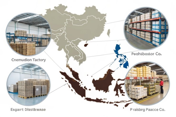 Southeast Asia distribution footprint graphic: a regional map with callout lines to three circular warehouse photos (palletized cartons on racks) and location labels for factory/partners
