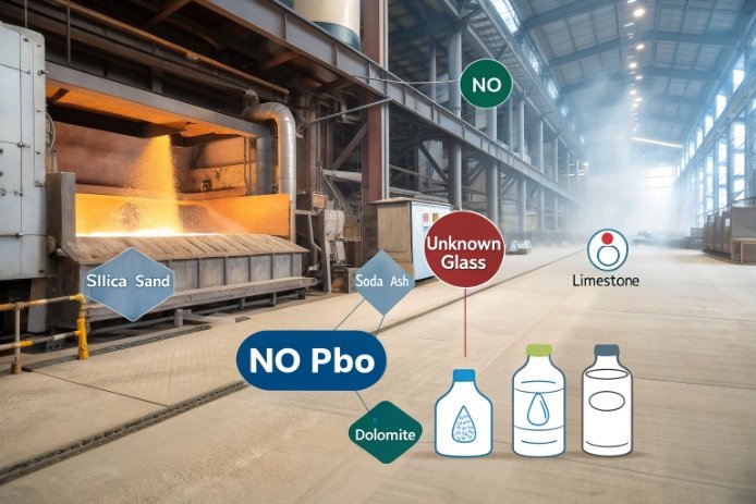 Lead-free glass furnace scene with raw materials icons and NO PbO message